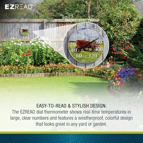 EZREAD Hanging Dial Thermometer 840-1234 Weather Thermometers for Indoor and Outdoor Use, Large 12.5 Inch Diameter, Easy to Read Numbers, Red Tractor