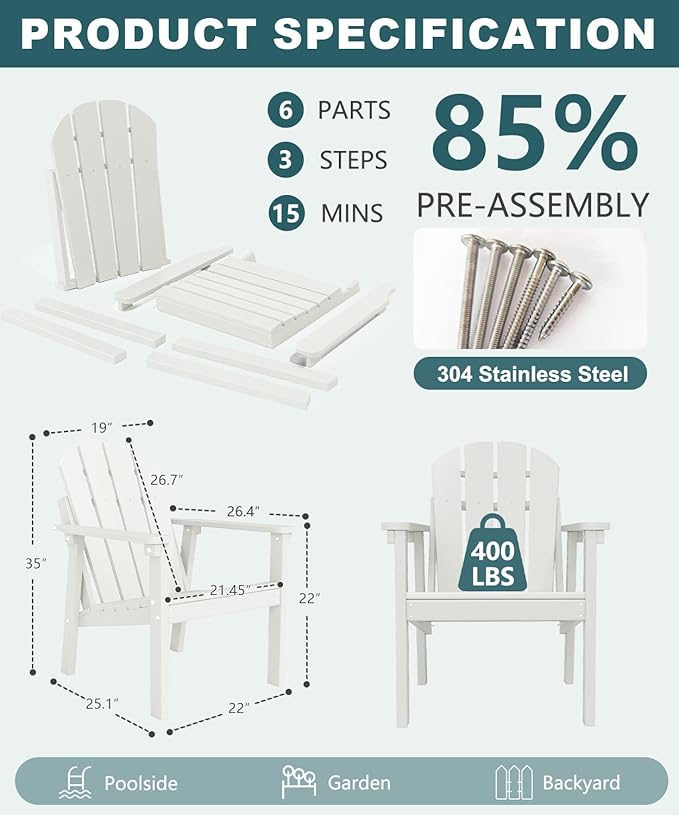 Adirondack Chair Set of 4, All Weather HDPE Fire Pit Chairs, Oversized Plastic Adirondack Chair for Outdoor, Balcony, Deck, Backyard, Patio, Garden, Poolside, Lawn White