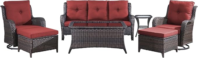 Wicker Patio Furniture-7 Pieces Rattan Patio Furniture Set Outdoor Patio Couch with Swivel Patio Chairs Ottomans and Coffee Table for Deck Poolside Backyard-Brown/Red