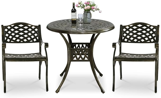 VIVIJASON 3-Piece Patio Bistro Set, All-Weather Cast Aluminum Outdoor Furniture Dining Set, Include 2 Chairs and 31" Round Table w/Umbrella Hole for Balcony, Lawn, Garden, Backyard, Antique Bronze