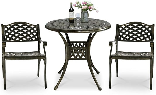 VIVIJASON 3-Piece Patio Bistro Set, All-Weather Cast Aluminum Outdoor Furniture Dining Set, Include 2 Chairs and 31" Round Table w/Umbrella Hole for Balcony, Lawn, Garden, Backyard, Antique Bronze