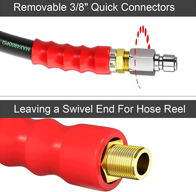 POHIR Pressure Washer Whip Hose 5FT, Reel Connector 248°F Hot/Cold Water Jumper Hose 3/8" with Quick Connect Adapter, Industry Grade Steel Wire Braided & Synthetic Rubber Jacket 4800 PSI