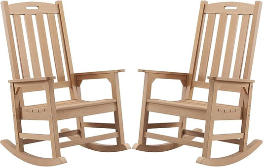Psilvam Oversized Outdoor Rocking Chair Set of 2, Porch Rocker with 21" Wide Seat and 32" Tall Backrest, Pre-Assembled with Most Components for Effortless Installation (Teak Color)