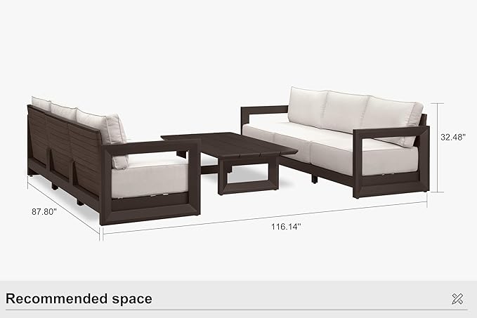 PURPLE LEAF Patio Furniture Set Open-End Outdoor Couch with 9.6" Thick Cushion and Soft Pillows 7 Piece Outdoor Sectional Sofas with Table Modern Outdoor Conversation Sets for Yard Porch Deck, Bronze