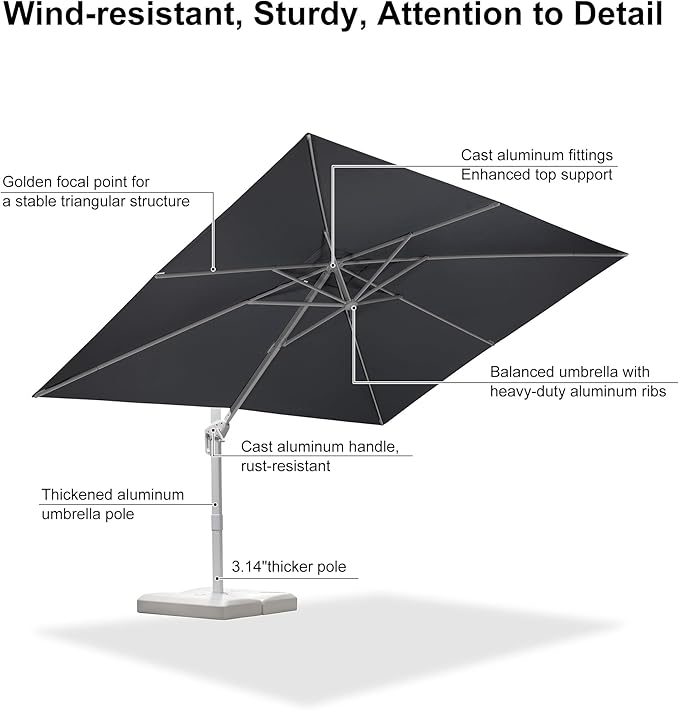 PURPLE LEAF 9' × 11.5' Patio Umbrella White Cantilever Umbrella Aluminum Square Outdoor Offset Umbrella Hanging Windproof with 360° Rotation for Garden Deck Pool, Navy Blue