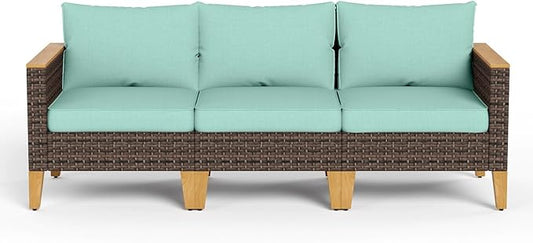MFSTUDIO 3 Pieces Extra Large Extra Large Wicker Patio Furniture Set, Outdoor Rattan 3-Seater Patio Sofa Set Patio Conversation Couch Set for Garden, Poolside, Backyard(Aqua Blue Cushion)
