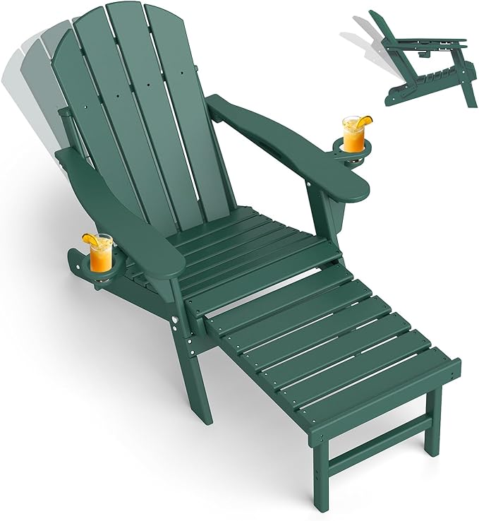 GREENVINES Adjustable Adirondack Chair with Retractable Ottoman | Folding | HDPE Plastic | Fire Pit Chairs w/Foot Rest | 2 Cup Holders | Forest | for Outdoor Patio Poolside Deck