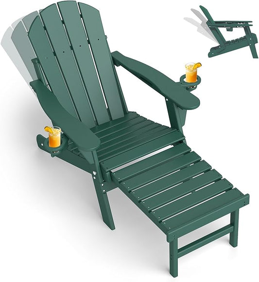 GREENVINES Adjustable Adirondack Chair with Retractable Ottoman | Folding | HDPE Plastic | Fire Pit Chairs w/Foot Rest | 2 Cup Holders | Forest | for Outdoor Patio Poolside Deck