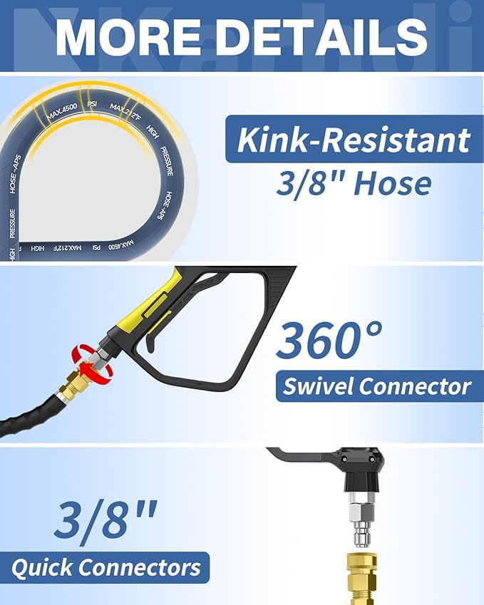 Pressure Washer Hose 50FT 3/8" for Cold and Hot Water 212°F, with Swivel Quick Connect, 4500PSI Kink Resistant Grade Steel Wire Braided, Power Washer Hose With 2pcs M22-14mm Adapter