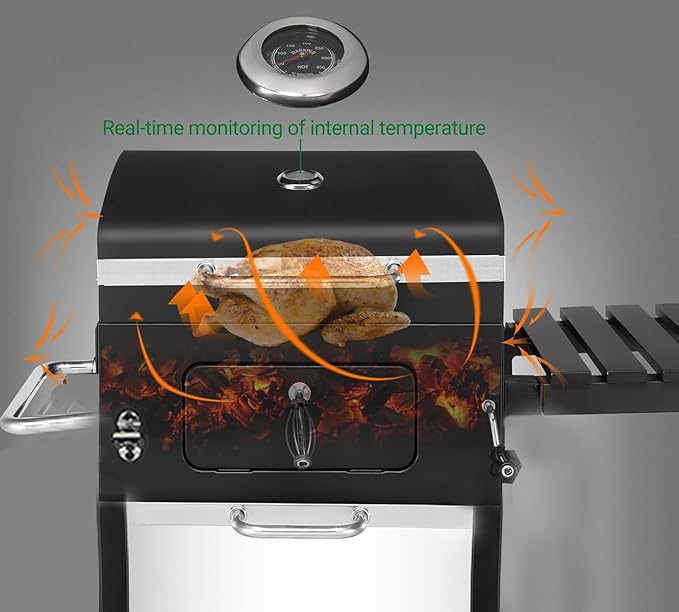 Charcoal BBQ Grills, Outdoor Barbecue Grill with Adjustable Charcoal Tray & Foldable Side Table for Outdoor Patio, Garden and Backyard Grilling