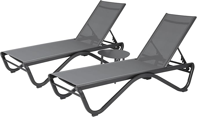 Kozyard Chaise Lounge Outdoor Set Full Flat Alumium Reclining Adjustable Chair Flat Patio Chaise Lounge Chair for Sunbathing, Patio, Poolside(2Gray Textilence W/Table)