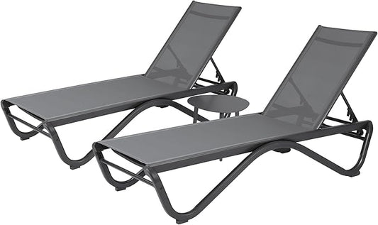 Kozyard Chaise Lounge Outdoor Set Full Flat Alumium Reclining Adjustable Chair Flat Patio Chaise Lounge Chair for Sunbathing, Patio, Poolside(2Gray Textilence W/Table)