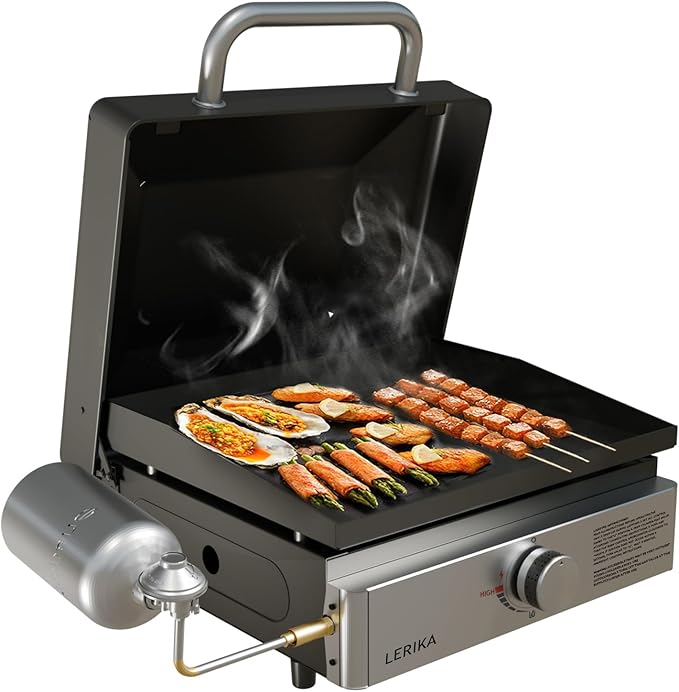 LERIKA 18" Tabletop Propane Grilddle With Lid for Outdoor Kitchen Barbecue Grill, Non Stick Enamel/Durable Stainless Steel/1 Burner Portable Flat Top Grills