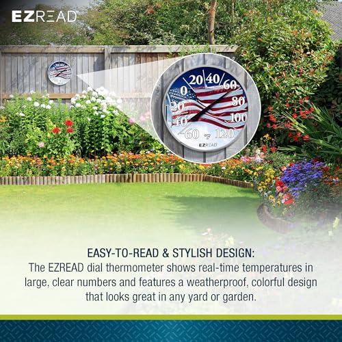 EZREAD Hanging Dial Thermometer 840-1221 Weather Thermometers for Indoor and Outdoor Use, Large 12.5 Inch Diameter, Easy to Read Numbers, American Flag