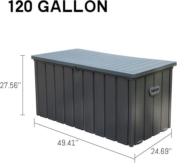 Domi 120 Gallon Deck Box, Patio Storage Box with Resin Lid, Steel Tool Waterproof Outdoor Storage Container for Outside Cushions, Lockable Outdoor Storage Bin for Garden and Pools Tools (Gray)