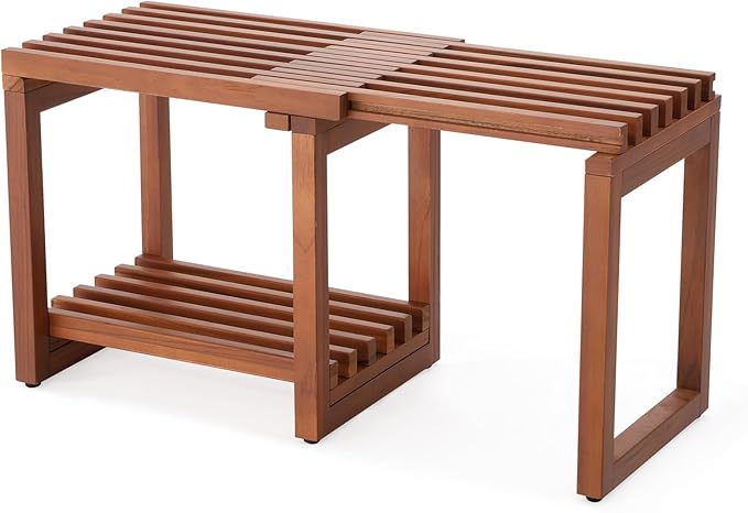 EROMMY Adjustable Length 29 Inches Shower Stool for Inside Shower, Waterproof Bench with Storage Shelf, Teak Shower Bench for Sitting, Shelving Legs, Spa Use, Shower Chair for Adults Seniors Elderly
