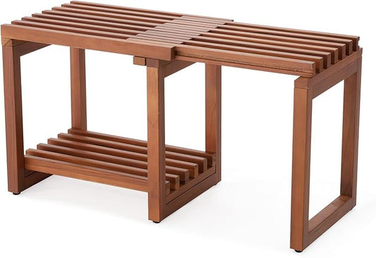 EROMMY Adjustable Length 29 Inches Shower Stool for Inside Shower, Waterproof Bench with Storage Shelf, Teak Shower Bench for Sitting, Shelving Legs, Spa Use, Shower Chair for Adults Seniors Elderly