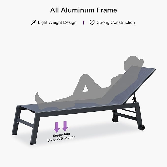 PURPLE LEAF Patio Chaise Lounge Set for 2 Outdoor Chaise Lounge Chair with Aluminum Frame and Wheels Pool Lounge Chairs for Deck Yard Poolside Table Included, Dark Grey