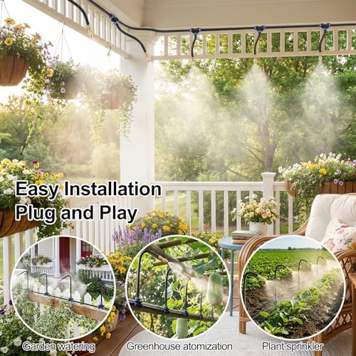100FT Drip Irrigation System Kit, 1/4 Inch Garden Watering System with 16 Adjustable Brass Nozzles, Automatic Misting Watering Kit for Raised Beds, Greenhouse, Lawn, Patio, Yard