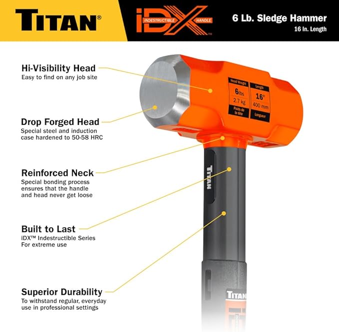 Titan iDX 63616 6lb Sledge Hammer with 16" Indestructible Handle Reinforced with Steel Locking Plates & Steel Bars, Vulcanized Rubber Grip, Overstrike Protection