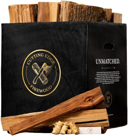 Artisanal Hickory Firewood Box by Cutting Edge – 16" Premium Logs for Fires & Cooking | Bold Aroma, High Heat | Includes Fire Starters, Kindling & Matches | Great for BBQ, Pork, Beef & Game