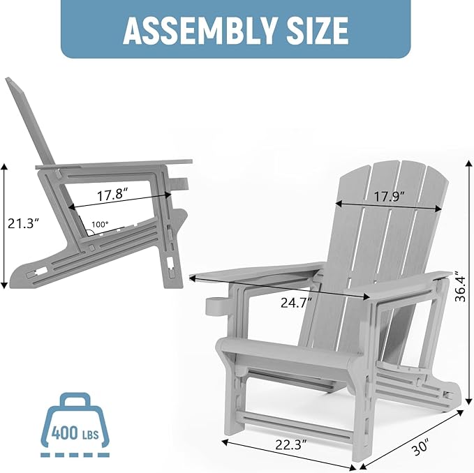 Adirondack Chair, HDPE Plastic Adirondack Chairs, All Weather Fire Pit Chairs with Cup Holder, Outdoor Lawn Chair for Patio, Garden, Backyard, Grey