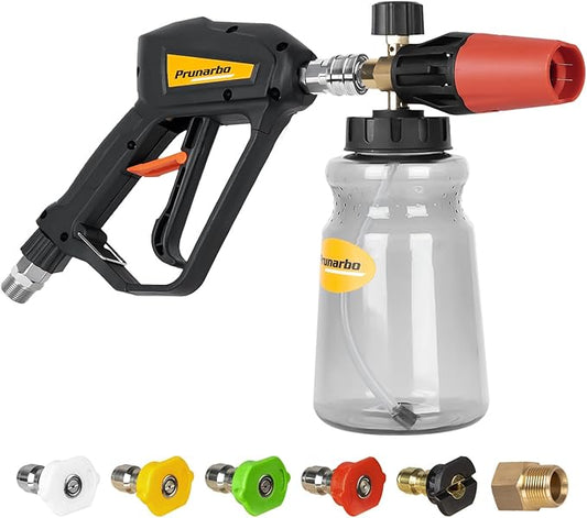 Pressure Washer Gun with Foam Cannon 5000 PSI, Heavy Duty Brass Foaming Car Wash Sprayer Adjustable Snow Foam Blaster for Car Washing with 1/4” Quick Connector 5PCS Nozzle Tips, PR-M01