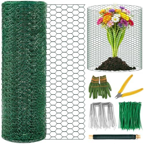 Plant Protectors from Animals, 16.4 x 16In Green PVC Coated Galvanized Chicken Wire Mesh Roll, 0.8mm Free-Cut Plant Cage with Ties, Stakes, Gloves, Pliers & Floral Wire (16.4Ft*20In)