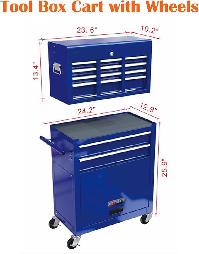 8 Drawers Rolling Tool Box Organizer,High Capacity Tool Chest with Wheels,Lockable Rolling Tool Chest with Bottom Cabinet, Tool Box Rolling Workshop Storage Cabinet (8 Drawers(Blue))