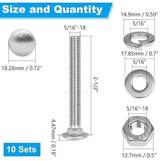 Yinpecly 10 Sets 5/16-18 x 2-1/2" Carriage Bolts Screws, 304 Stainless Steel Round Head Square Neck Carriage Bolts and Nuts Kit, with Flat & Lock Washers, Full Thread Coverage