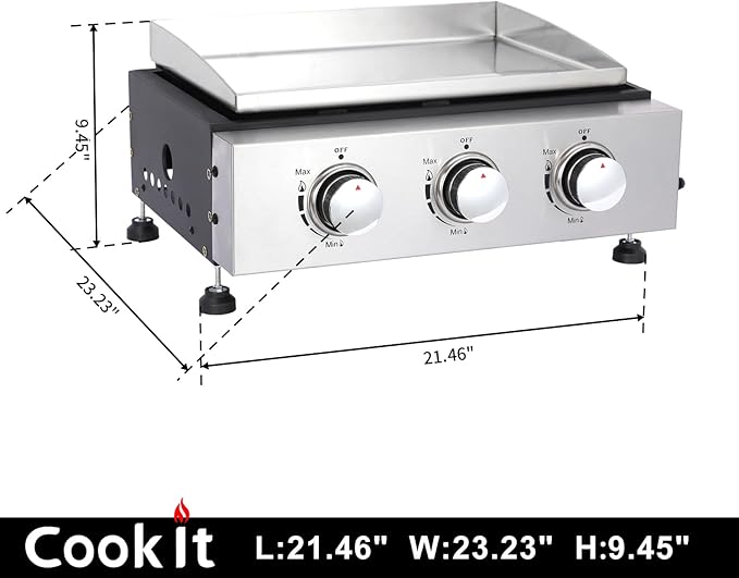 Portable Tabletop Gas Griddle Grill with Stainless Steel Griddle, Includes Dust Cover & Regulator, Perfect for Camping & Tailgating (3-Burner)