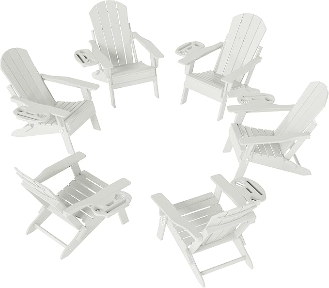 FOOWIN Folding Adjustable Adirondack Chair Set of 6,HDPE Adirondack Chair w/4 in 1 Cup Holder Trays,All-Weather Resistant Fire Pit Chair, Outdoor Chair for Patio Lawn Poolside,400lbs,White