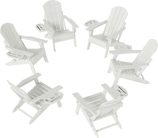 FOOWIN Folding Adjustable Adirondack Chair Set of 6,HDPE Adirondack Chair w/4 in 1 Cup Holder Trays,All-Weather Resistant Fire Pit Chair, Outdoor Chair for Patio Lawn Poolside,400lbs,White