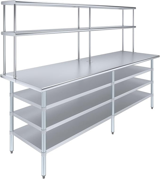 Amgood 30" x 96" Stainless Steel Work Table with 3 Shelves and 12" Wide Double Tier Overshelf | Metal Kitchen Prep Table & Shelving Combo | NSF