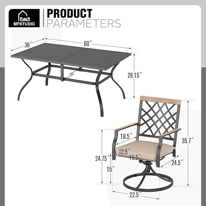 MFSTUDIO 7 PCS Outdoor Dining Set with 6 Patio Metal Swivel Dining Chairs and 1 Heavy Duty Metal 60" Table for 6, All Weather Resistant Patio Furniture