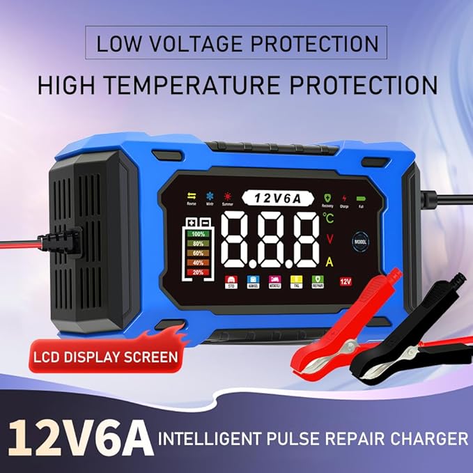 12V 6A Smart Battery Charger - Automotive Car/Motorcycle 12V Lead-Acid Battery Charger with LCD, Pulse Repair & Overcharge Protection