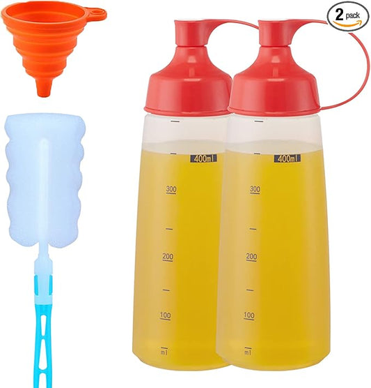 Condiment Squeeze Bottles for Sauces Pancake Batter Plastic - Wide Mouth Kitchen Ketchup Mustard Squirt Bottle Empty Dispenser for Icing Oil Salad Food Liquid for Griddle BBQ(2 PCS, 13 oz.)