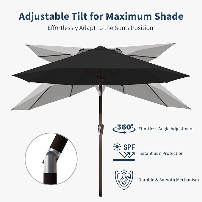 10FT Patio Umbrella Outdoor Market Umbrella with Crank and Tilt, 8 Flexible Fiberglass Ribs, UV-Resistant Waterproof Canopy for Patio, Deck, Garden, Backyard, Black