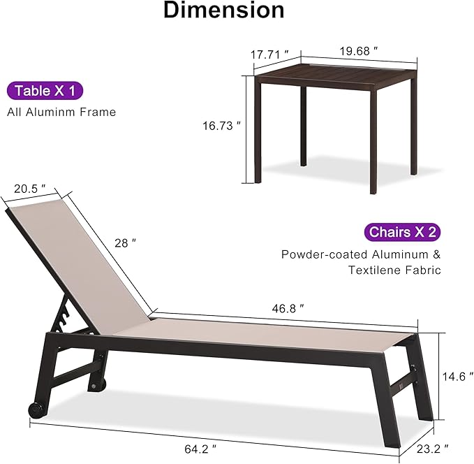 PURPLE LEAF Outdoor Chaise Lounge Chair Set of 3, Pool Lounge Chair for Outside, Aluminum Patio Chaise Lounger with Adjustable Backrest and Wheels for Deck, Outside, Lawn, Garden, Sand Beige