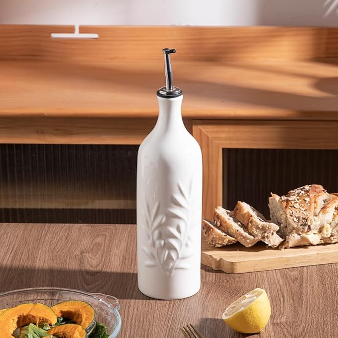 Sweejar Large Ceramic Olive Oil Dispenser Bottle, 24 Oz, Relief, Set of 1 (White)
