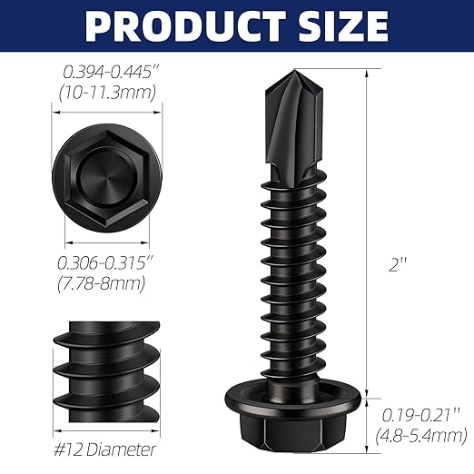 MewuDecor #12 x 2 (5/8" to 3" Available) Hex Washer Head Self Drilling Sheet Metal Screws with Drill Point, Stainless Steel 410, Black Oxide, 50 PCS