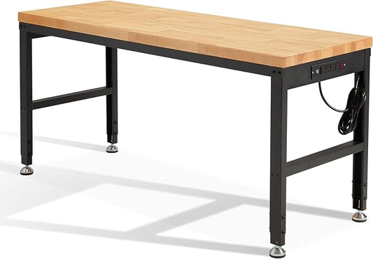 HABUTWAY Height Adjustable Workbench 60" 2000 Lbs Capacity Solid Wood Work Station Heavy-Duty Work Tables with Power Outlets for Garage Party Shop Office