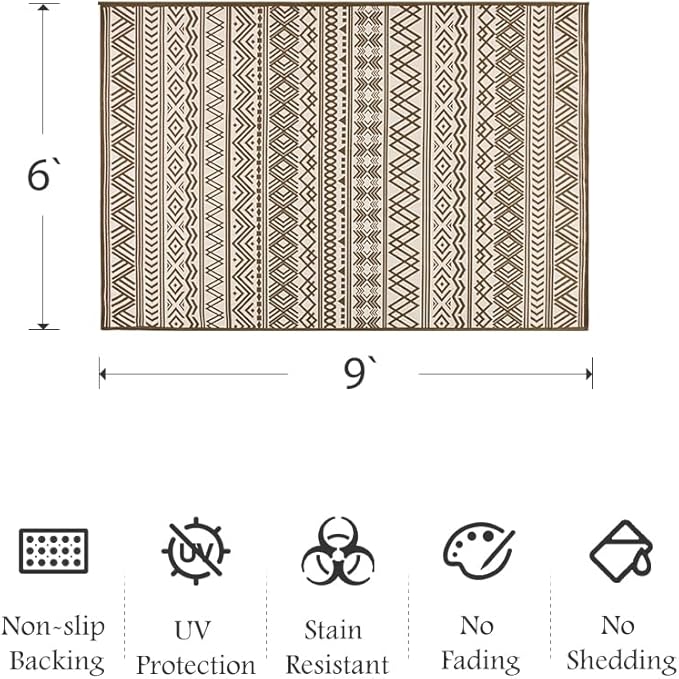 Outdoor Rug Carpet 6x9 ft, Flatweave Textured Outdoor Patio Rug Non Slip Indoor Outdoor Rugs with Rubber Particles Backing Boho Outdoor Area Rug for Patio Deck Front Porch Backyard Balcony, Brown