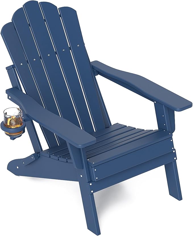 FOOWIN Adjustable Adirondack Chair, Folding Adirondack Chair with Cup Holder, HDPE All-Weather Fire Pit Chair with 3 Recline Positions, Suitable for Patio, Garden, Backyard, Poolside,Navy Blue