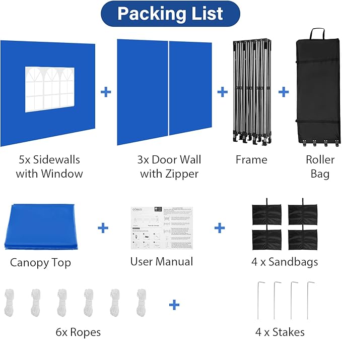 COBIZI 10x30 Pop up Canopy Heavy Duty with 8 Sidewalls, Easy Set-up Commercial Outdoor Party, 100% Waterproof Wedding Canopy Gazebo, 3 Height Adjustable with Wheeled Bag, Blue