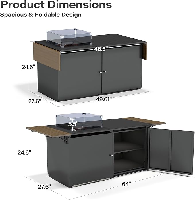 LAUSAINT HOME 64" Gas Fire Pit Table for Outside Patio, 55,000 BTU Propane Firepit with Expandable Tabletop & Wind Guard