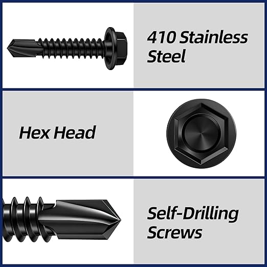 MewuDecor #10 x 2 (1/2" to 3" Available) Hex Washer Head Self Drilling Sheet Metal Screws with Drill Point, Stainless Steel 410, Black Oxide, 50 PCS