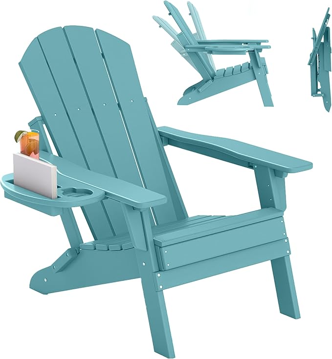 FOOWIN Folding Adjustable Adirondack Chair,HDPE Adirondack Chair w/4 in 1 Cup Holder Trays,All-Weather Resistant Fire Pit Chair, Outdoor Chair for Patio Lawn Poolside,400lbs,Lake Blue