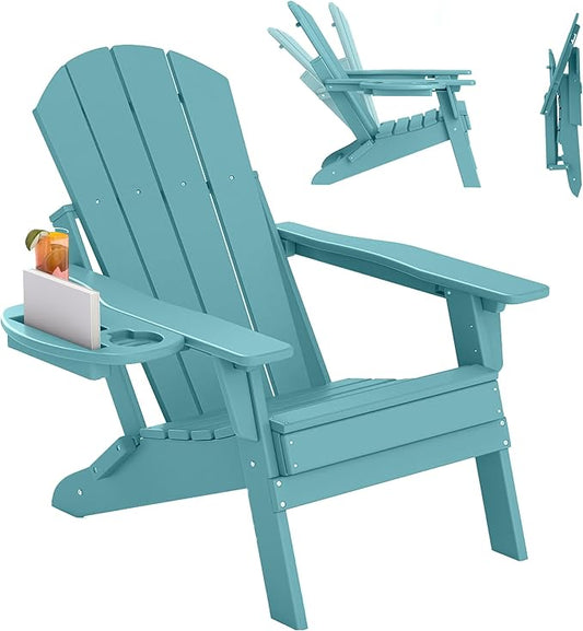 FOOWIN Folding Adjustable Adirondack Chair,HDPE Adirondack Chair w/4 in 1 Cup Holder Trays,All-Weather Resistant Fire Pit Chair, Outdoor Chair for Patio Lawn Poolside,400lbs,Lake Blue