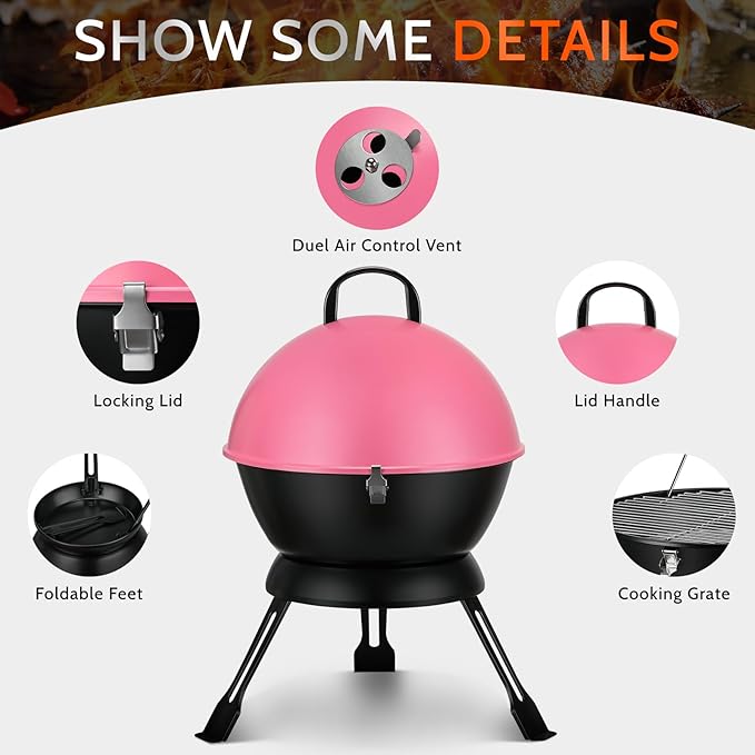 14-Inch Portable Barbecue Grill,Outdoor Small Grill with Dual Venting System and Warming Rack for Picnic, Camping, Backyard,Pink